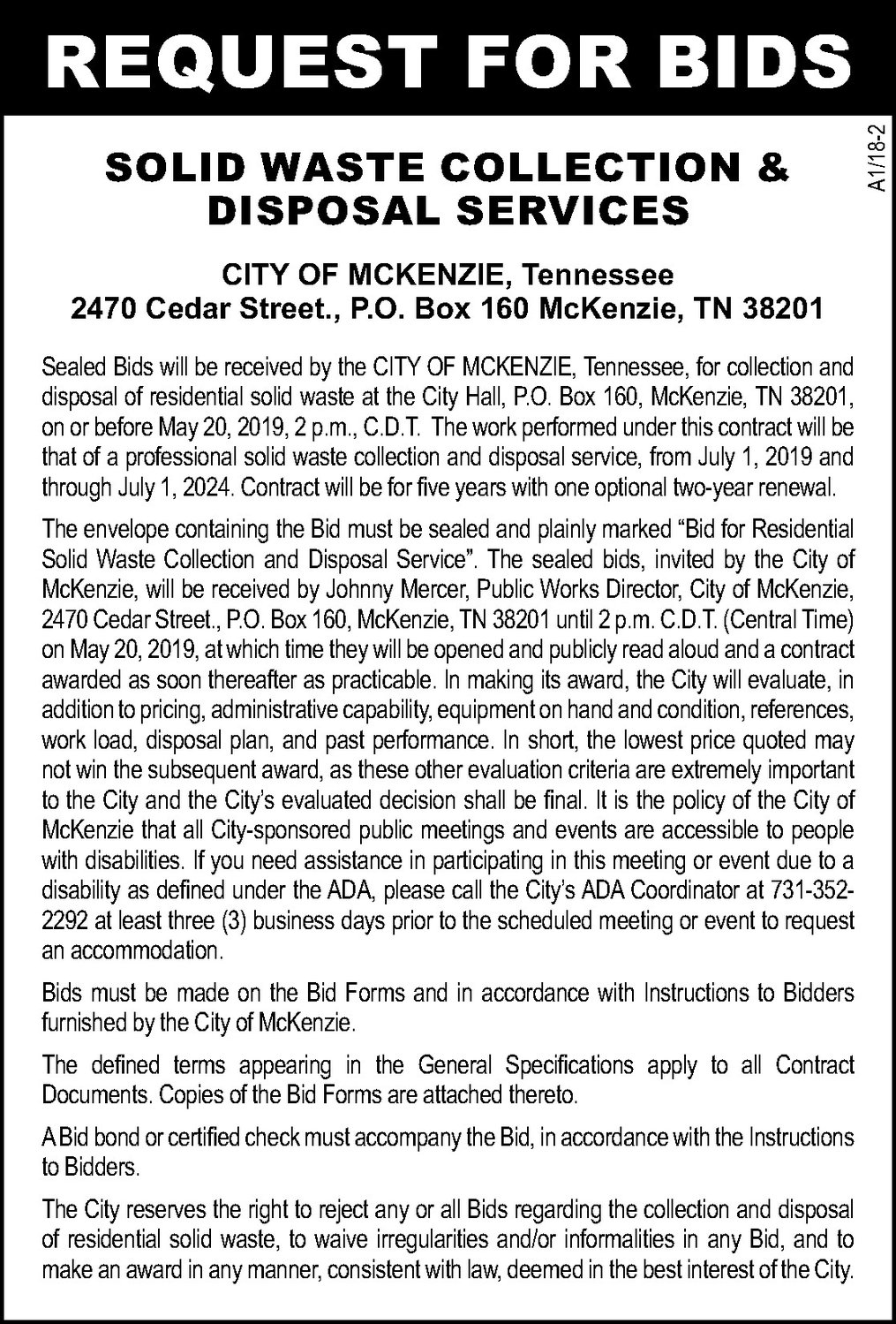 Request For Bids - Solid Waste Collection | The Mckenzie Banner